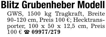Blitz Grubenheber ModellGWS, 1500 kg Tragkraft, Breite 90-120 cm, Preis 100 €; Hecktransporter, 100 x 50 x 12,5 cm, Preis 100 € _ ***