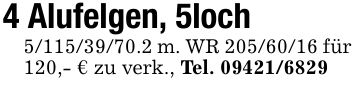 4 Alufelgen, 5loch***.2 m. WR *** für 120,- € zu verk., Tel. ***