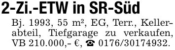 2-Zi.-ETW in SR-SüdBj. 1993, 55 m², EG, Terr., Kellerabteil, Tiefgarage zu verkaufen, VB 210.000,- €, _ ***.