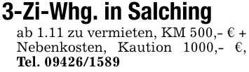 3-Zi-Whg. in Salchingab 1.11 zu vermieten, KM 500,- € + Nebenkosten, Kaution 1000,- €, Tel. ***