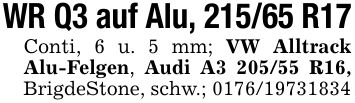 WR Q3 auf Alu, 215/65 R17Conti, 6 u. 5 mm; VW Alltrack Alu-Felgen, Audi A*** R16, BrigdeStone, schw.; ***