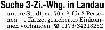 Suche 3-Zi.-Whg. in Landauuntere Stadt, ca. 70 m², für 2 Personen + 1 Katze, gesichertes Einkommen vorhanden, _ ***