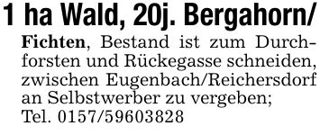 1 ha Wald, 20j. Bergahorn/Fichten, Bestand ist zum Durchforsten und Rückegasse schneiden, zwischen Eugenbach/Reichersdorf an Selbstwerber zu vergeben;Tel. ***