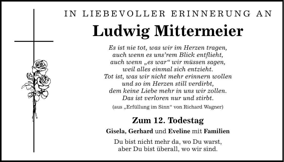 in liebevoller erinnerung an Ludwig Mittermeier Es ist nie tot, was wir im Herzen tragen, auch wenn es uns'rem Blick entflieht, auch wenn 