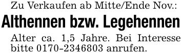 Zu Verkaufen ab Mitte/Ende Nov.: Althennen bzw. Legehennen Alter ca. 1,5 Jahre. Bei Interesse bitte *** anrufen.