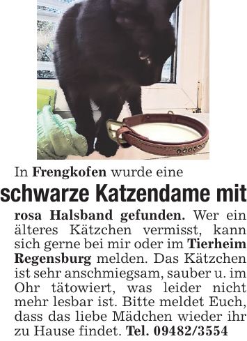 In Frengkofen wurde eine schwarze Katzendame mit rosa Halsband gefunden. Wer ein älteres Kätzchen vermisst, kann sich gerne bei mir oder im Tierheim Regensburg melden. Das Kätzchen ist sehr anschmiegsam, sauber u. im Ohr tätowiert, was leider nicht mehr lesbar ist. Bitte meldet Euch, dass das liebe Mädchen wieder ihr zu Hause findet. Tel. ***