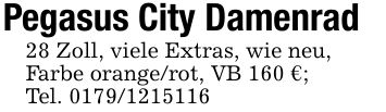 Pegasus City Damenrad28 Zoll, viele Extras, wie neu,Farbe orange/rot, VB 160 €;Tel. ***