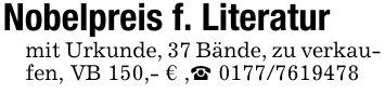 Nobelpreis f. Literaturmit Urkunde, 37 Bände, zu verkaufen, VB 150,- € ,_ ***