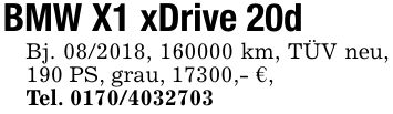BMW X1 xDrive 20d Bj. ***, *** km, TÜV neu, 190 PS, grau, 17300,- €,Tel. ***