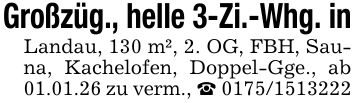 Großzüg., helle 3-Zi.-Whg. inLandau, 130 m², 2. OG, FBH, Sauna, Kachelofen, Doppel-Gge., ab 01.01.26 zu verm., _ ***