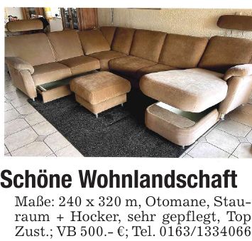 Schöne WohnlandschaftMaße: 240 x 320 m, Otomane, Stauraum + Hocker, sehr gepflegt, Top Zust.; VB 500.- €; Tel. ***
