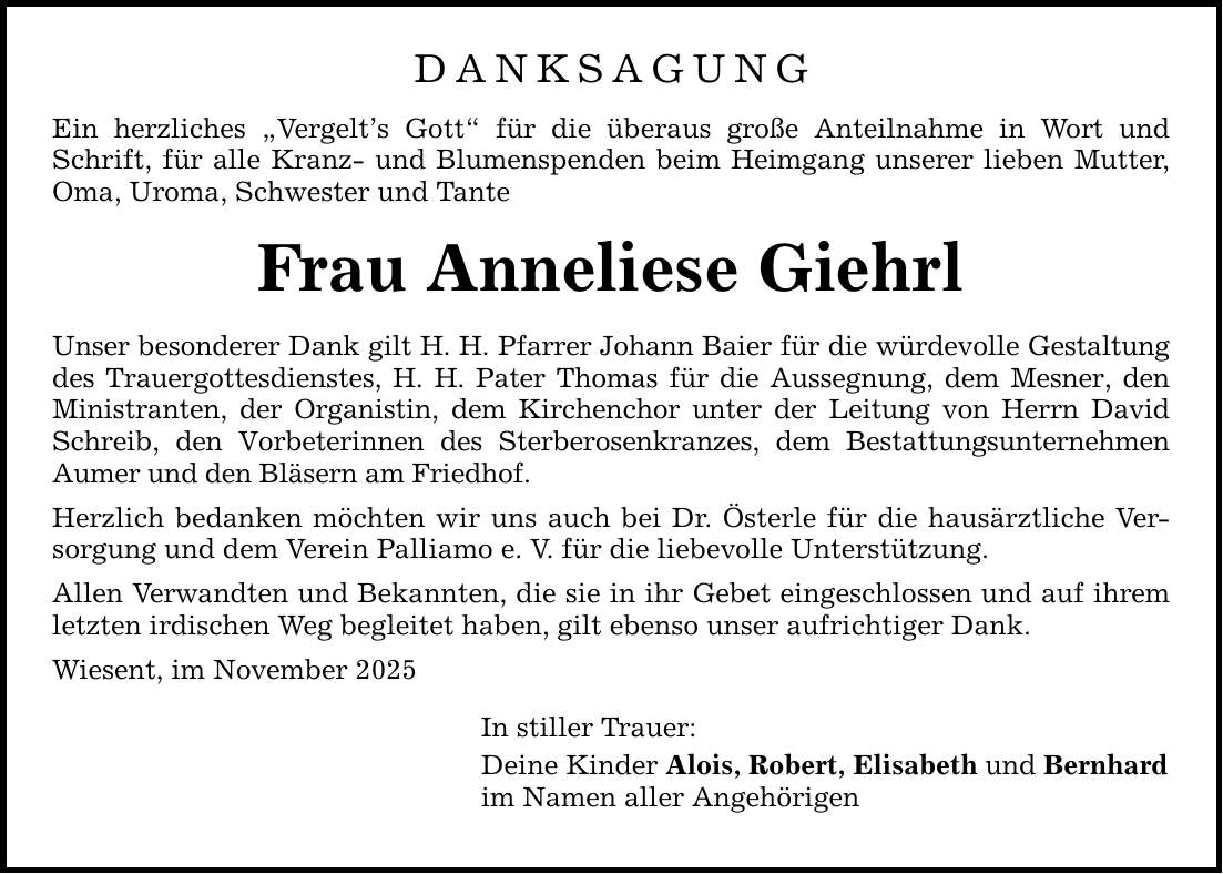 DANKSAGUNG Ein herzliches 