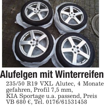 Alufelgen mit Winterreifen235/50 R19 VXL Alutec, 4 Monate gefahren, Profil 7,5 mm,KIA Sportage u.a. passend, PreisVB 680 €, Tel. ***
