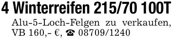 4 Winterreifen ***TAlu-5-Loch-Felgen zu verkaufen, VB 160,- €, _ ***