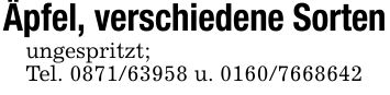 Äpfel, verschiedene Sortenungespritzt; Tel. *** u. ***