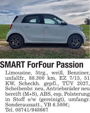 SMART ForFour PassionLimousine, 5trg., weiß, Benziner, unfallfr., 88.300 km, EZ 7/15, 51 KW, Scheckh. gepfl., TÜV 2027, Scheibenbr. neu, Antriebsräder neu bereift (M+S), ABS, esp, Polsterung in Stoff s/w (gereinigt), umfangr. Sonderaussatt., VB 6.500€;Tel. ***