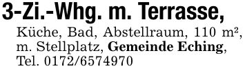 3-Zi.-Whg. m. Terrasse,Küche, Bad, Abstellraum, 110 m², m. Stellplatz, Gemeinde Eching,Tel. ***
