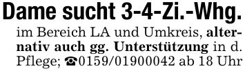 Dame sucht 3-4-Zi.-Whg.im Bereich LA und Umkreis, alternativ auch gg. Unterstützung in d. Pflege; _*** ab 18 Uhr