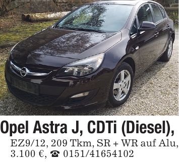 Opel Astra J, CDTi (Diesel), EZ9/12, 209 Tkm, SR + WR auf Alu, 3.100 €, _ ***