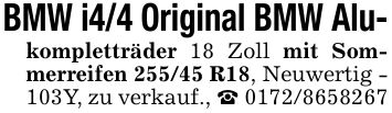 BMW i4/4 Original BMW Alu-kompletträder 18 Zoll mit Sommerreifen 255/45 R18, Neuwertig - 103Y, zu verkauf., _ ***