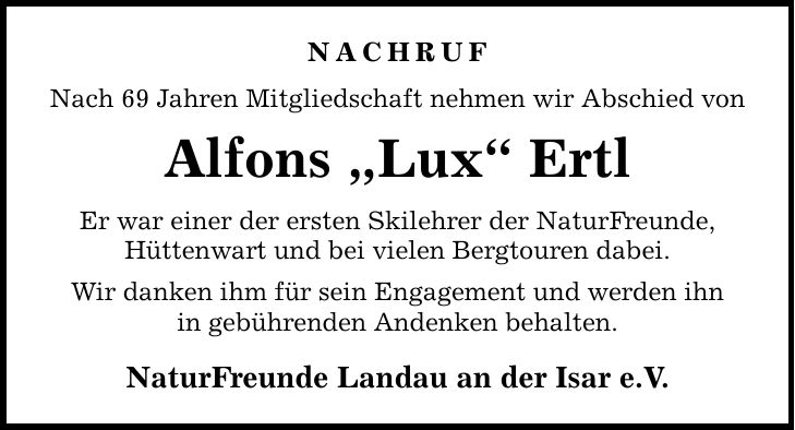 NACHRUF Nach 69 Jahren Mitgliedschaft nehmen wir Abschied von Alfons 