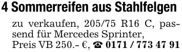 4 Sommerreifen aus Stahlfelgen zu verkaufen, 205/75 R16 C, passend für Mercedes Sprinter,Preis VB 250.- €, _ ***