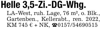 Helle 3,5-Zi.-DG-Whg.LA-West, ruh. Lage, 76 m², o. Blk., Gartenben., Kellerabt., ren. 2022, KM 745 € + NK, _***