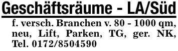 Geschäftsräume - LA/Süd f. versch. Branchen v. *** qm, neu, Lift, Parken, TG, ger. NK, Tel. ***