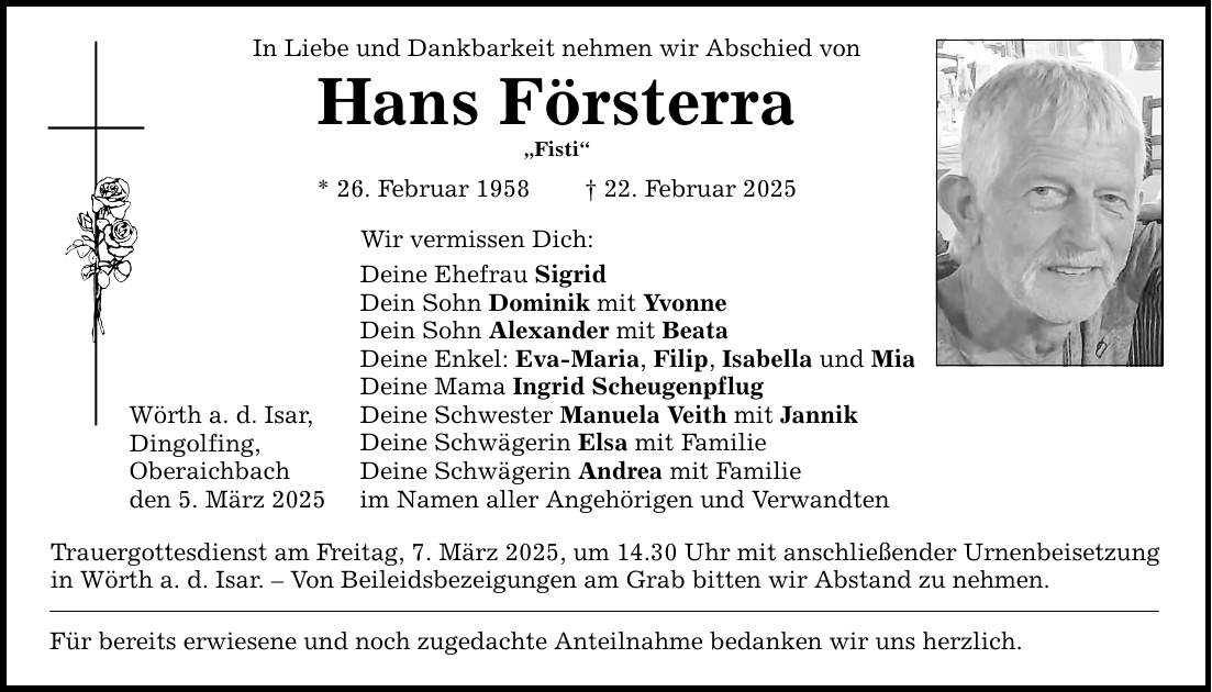 In Liebe und Dankbarkeit nehmen wir Abschied von Hans Försterra 