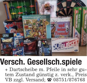 Versch. Gesellsch.spiele+ Dartscheibe m. Pfeile in sehr gutem Zustand günstig z. verk., Preis VB zzgl. Versand; _ ***