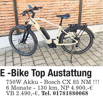 E -Bike Top Austattung 750W Akku - Bosch CX 85 NM !!! 6 Monate - 130 km, NP 4.900,-€ VB 2.490,-€, Tel. ***