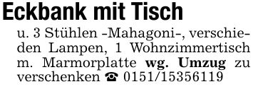 Eckbank mit Tisch u. 3 Stühlen -Mahagoni-, verschieden Lampen, 1 Wohnzimmertisch m. Marmorplatte wg. Umzug zu verschenken _ ***