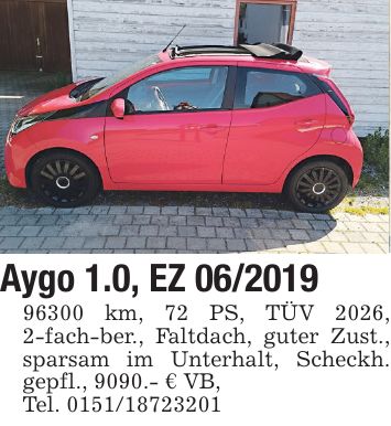 Aygo 1.0, EZ *** km, 72 PS, TÜV 2026, 2-fach-ber., Faltdach, guter Zust., sparsam im Unterhalt, Scheckh. gepfl., 9090.- € VB, Tel. ***