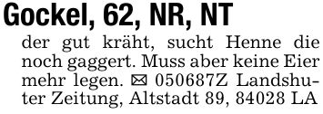 Gockel, 62, NR, NTder gut kräht, sucht Henne die noch gaggert. Muss aber keine Eier mehr legen. _ ***Z Landshuter Zeitung, Altstadt 89, 84028 LA