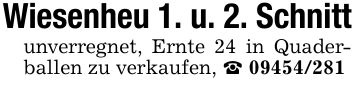 Wiesenheu 1. u. 2. Schnitt unverregnet, Ernte 24 in Quaderballen zu verkaufen, _ ***