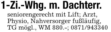 1-Zi.-Whg. m. Dachterr.seniorengerecht mit Lift; Arzt,Physio, Nahversorger fußläufig,TG mögl., WM 880.-; ***