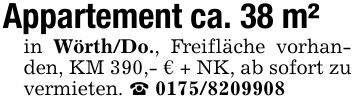 Appartement ca. 38 m²in Wörth/Do., Freifläche vorhanden, KM 390,- € + NK, ab sofort zu vermieten. _ ***