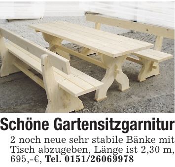 Schöne Gartensitzgarnitur 2 noch neue sehr stabile Bänke mit Tisch abzugeben, Länge ist 2,30 m, 695,-€, Tel. ***