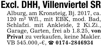Excl. DHH, Villenviertel SRAlburg, am Kronsteig, Bj. 2017, ca. 120 m² Wfl., mit EBK, mod. Bad, Schlafzi. mit Ankleide, 2 Ki.Zi., Garage, Garten, frei ab 1.8.25, von Privat zu verkaufen, keine Makler. VB 545.000,-€, _ ***