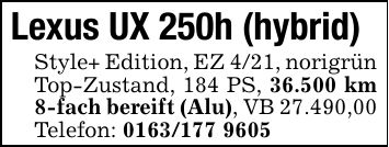 Lexus UX 250h (hybrid) Style+ Edition, EZ 4/21, norigrün Top-Zustand, 184 PS, 36.500 km 8-fach bereift (Alu), VB 27.490,00 Telefon: ***