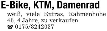 E-Bike, KTM, Damenradweiß, viele Extras, Rahmenhöhe 46, 4 Jahre, zu verkaufen._ ***