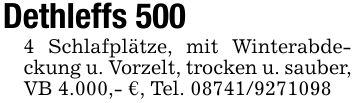 Dethleffs 500 4 Schlafplätze, mit Winterabdeckung u. Vorzelt, trocken u. sauber, VB 4.000,- €, Tel. ***