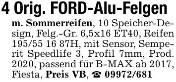 4 Orig. FORD-Alu-Felgenm. Sommerreifen, 10 Speicher-Design, Felg.-Gr. 6,5x16 ET40, Reifen ***H, mit Sensor, Semperit Speedlife 3, Profil 7mm, Prod. 2020, passend für B-MAX ab 2017, Fiesta, Preis VB, _ ***