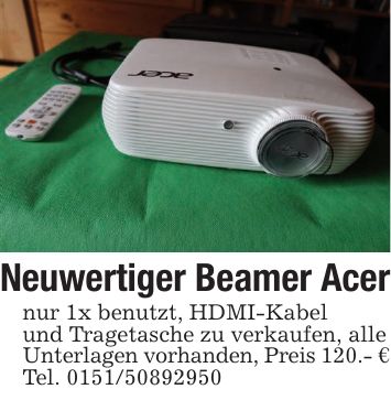Neuwertiger Beamer Acernur 1x benutzt, HDMI-Kabelund Tragetasche zu verkaufen, alleUnterlagen vorhanden, Preis 120.- €Tel. ***