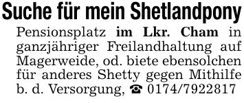 Suche für mein ShetlandponyPensionsplatz im Lkr. Cham in ganzjähriger Freilandhaltung auf Magerweide, od. biete ebensolchen für anderes Shetty gegen Mithilfe b. d. Versorgung, _ ***