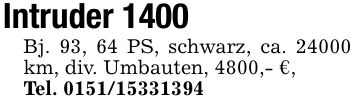 Intruder 1400Bj. 93, 64 PS, schwarz, ca. 24000 km, div. Umbauten, 4800,- €,Tel. ***