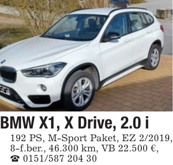 BMW X1, X Drive, 2.0 i 192 PS, M-Sport Paket, EZ 2/2019, 8-f.ber., 46.300 km, VB 22.500 €,_ ***