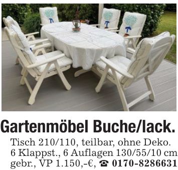 Gartenmöbel Buche/lack.Tisch ***, teilbar, ohne Deko.6 Klappst., 6 Auflagen *** cmgebr., VP 1.150,-€, _ ***