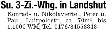 Su. 3-Zi.-Whg. in LandshutKonrad- u. Nikolaviertel, Peter u. Paul, Luitpoldstr., ca. 70m², bis 1.100€ WM; Tel. ***