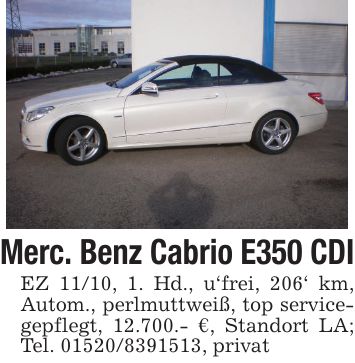 Merc. Benz Cabrio E350 CDIEZ 11/10, 1. Hd., u'frei, 206' km, Autom., perlmuttweiß, top servicegepflegt, 12.700.- €, Standort LA; Tel. ***, privat